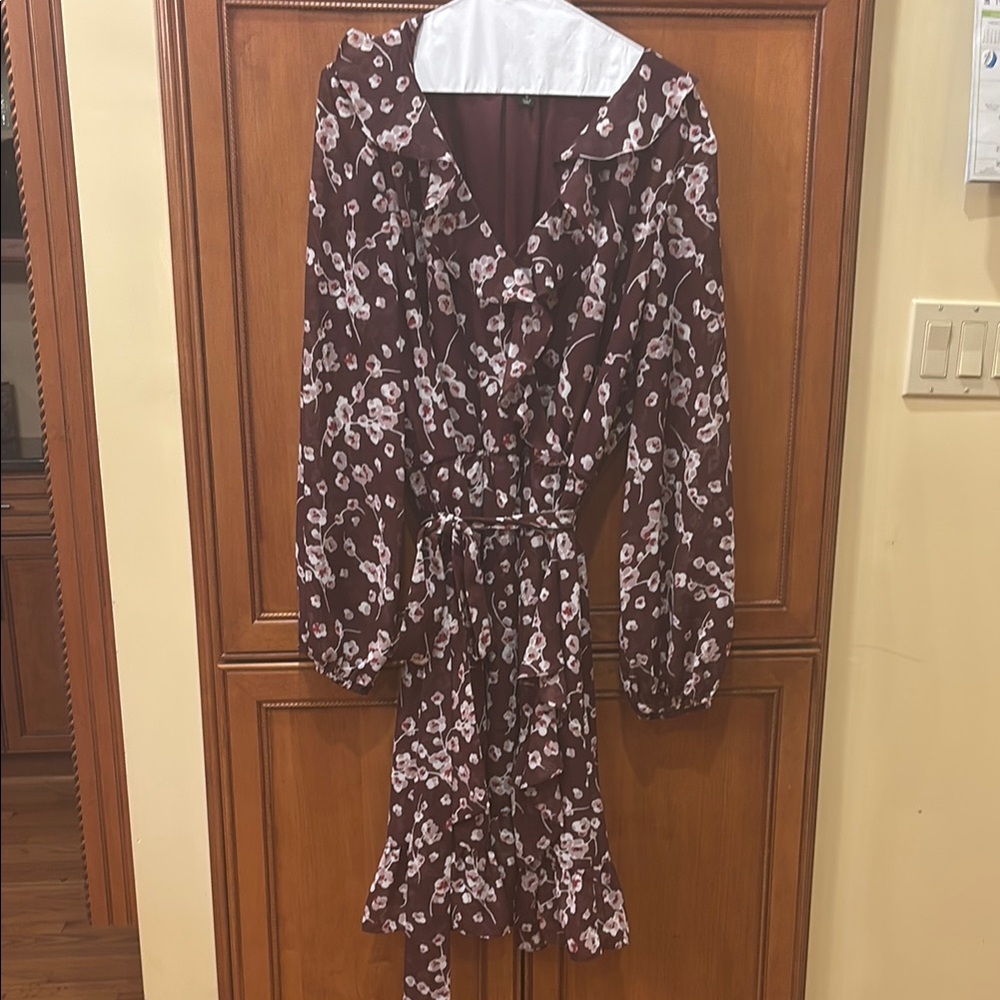 Brown Ruffled Bodycon Dress with Bishop Sleeves